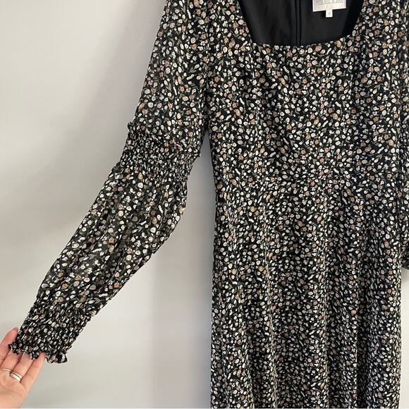 Mikael Aghal | Shirred Floral Print Chiffon Square Neck Mini Dress Long Sleeve 8 - Picture 5 of 12